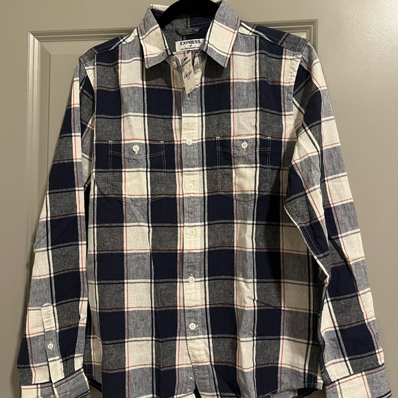 EXPRESS NWT Mens Plaid Linen/Cotton Blend Double Pocket Shirt Small - Picture 3 of 4